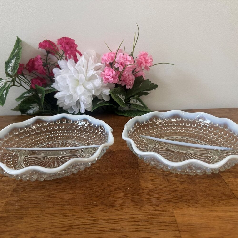 Pair of Anchor Hocking Moonstone Hobnail Divided Dishes Opalescent Depression‎